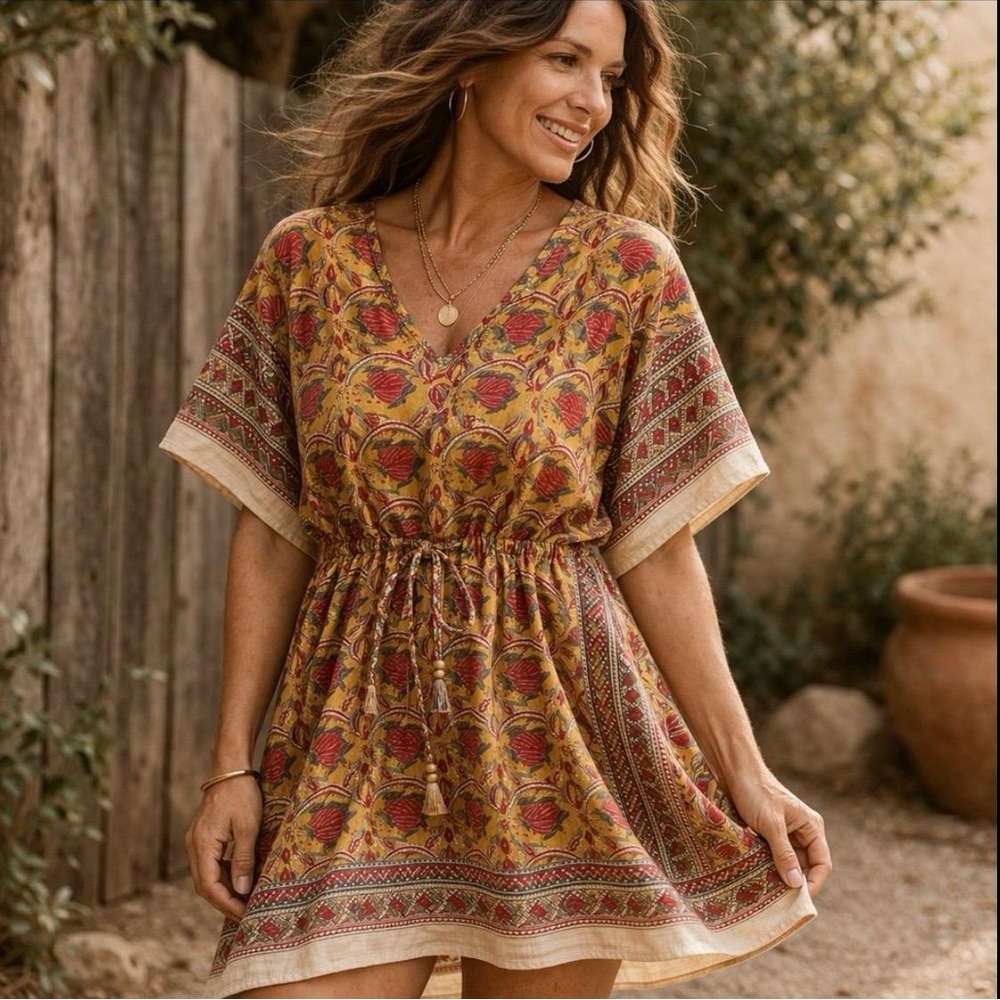 Pax Philomena Sedona Kaftan Mini Dress Block Print One Size
